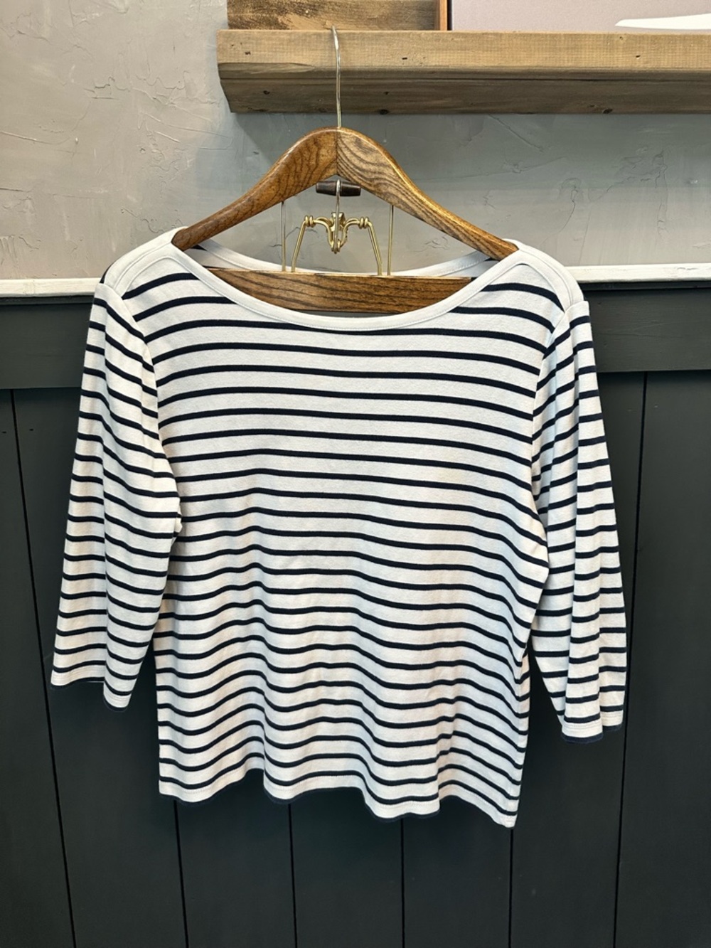 Chico's White‎ Navy Striped Boatneck Top Size 2 Nautical Long Sleeve Shirt